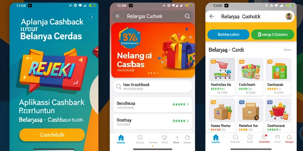 Antarmuka utama aplikasi REJEKI dengan berbagai penawaran cashback.